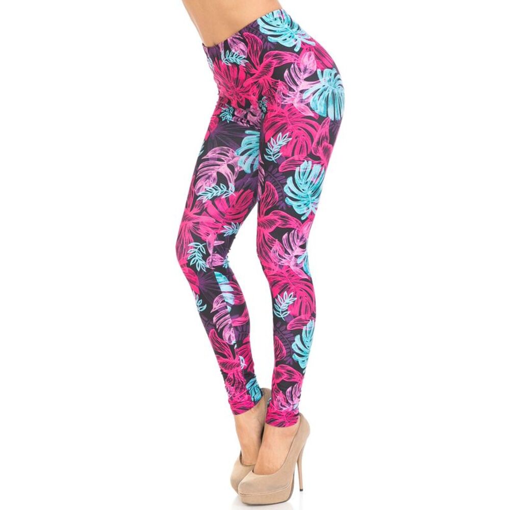 Creamy Soft Vivid Tropical Leaves Plus Size Leggings - USA Fashion (One Size
